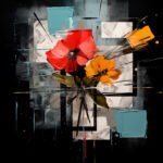 Abstract floral painting with bright red and yellow flowers and geometric accents.