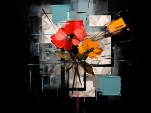 Abstract floral painting with bright red and yellow flowers and geometric accents.