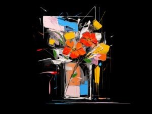 Abstract floral painting with bright flowers in a vase against a dark background.