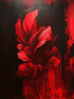 Dramatic red flower with rich details against a black background.