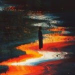 Solitary figure in a surreal, colorful landscape.