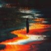 Solitary figure in a surreal, colorful landscape.