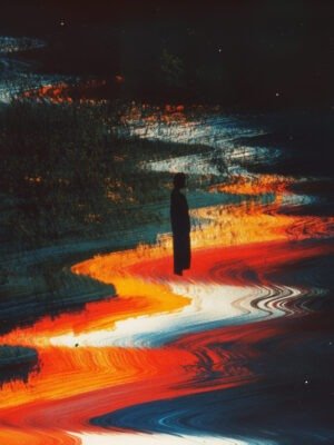Solitary figure in a surreal, colorful landscape.