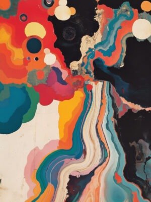 Vibrant abstract swirls and circles on a black background.
