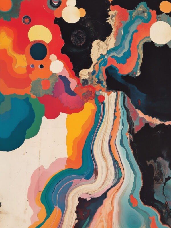Vibrant abstract swirls and circles on a black background.