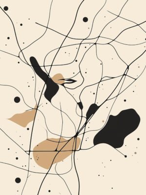 Abstract painting with black lines and organic shapes on a beige background.