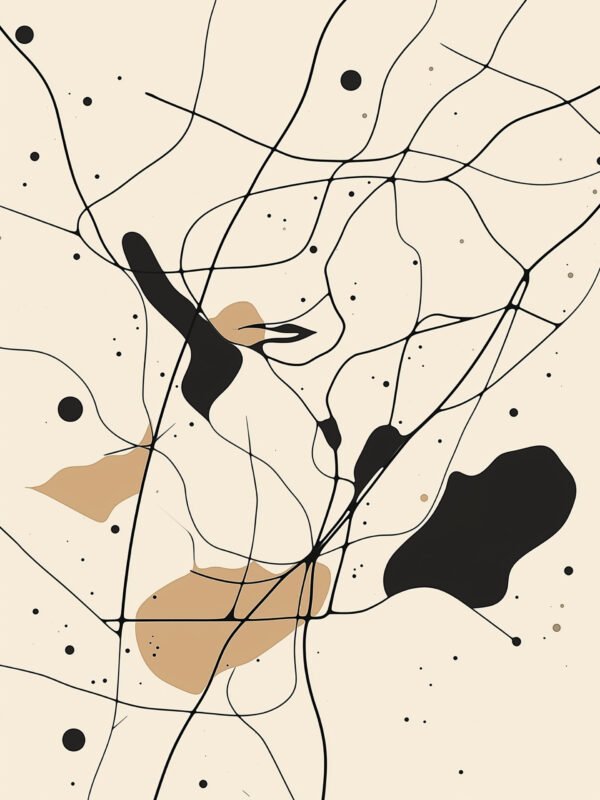 Abstract painting with black lines and organic shapes on a beige background.