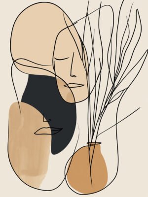Abstract line art of two faces with organic shapes in earthy tones.