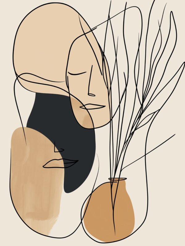 Abstract line art of two faces with organic shapes in earthy tones.