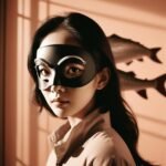 Portrait of a figure with a black mask, soft lighting, and subtle fish silhouettes in the background, evoking mystery and identity.