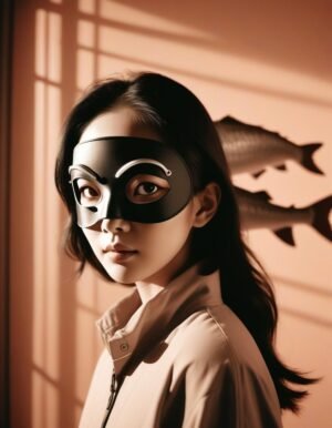 Portrait of a figure with a black mask, soft lighting, and subtle fish silhouettes in the background, evoking mystery and identity.