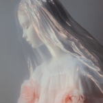 A serene figure draped in a translucent veil, illuminated by soft light, with delicate roses symbolizing love and fragility.