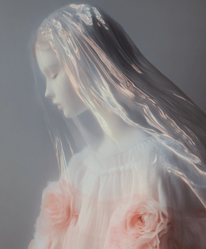 A serene figure draped in a translucent veil, illuminated by soft light, with delicate roses symbolizing love and fragility.
