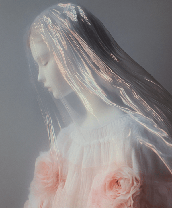 A serene figure draped in a translucent veil, illuminated by soft light, with delicate roses symbolizing love and fragility.