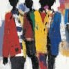 Three bold silhouettes in colorful jackets, set against a textured background, conveying energy and individuality.