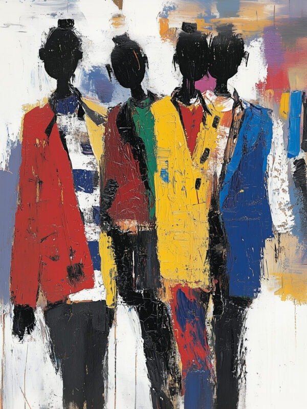 Three bold silhouettes in colorful jackets, set against a textured background, conveying energy and individuality.