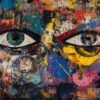 Detailed eyes with an intense gaze, surrounded by a colorful, dynamic abstract background.