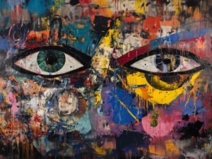 Detailed eyes with an intense gaze, surrounded by a colorful, dynamic abstract background.