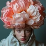 A figure adorned with a delicate pastel-hued floral headdress of peonies, her serene expression and soft gaze exuding tranquility, symbolizing the harmony between human and nature.
