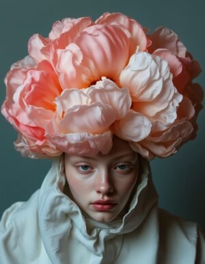 A figure adorned with a delicate pastel-hued floral headdress of peonies, her serene expression and soft gaze exuding tranquility, symbolizing the harmony between human and nature.
