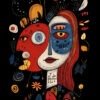 Two contrasting faces with bold red and blue tones, surrounded by whimsical symbols and flowers on a black background.