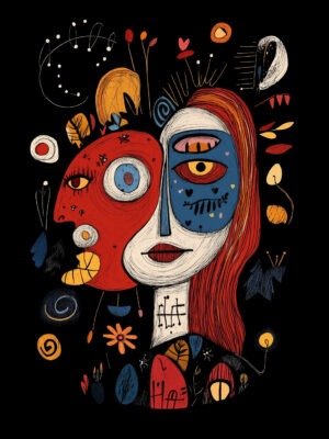 Two contrasting faces with bold red and blue tones, surrounded by whimsical symbols and flowers on a black background.