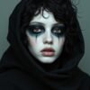 A figure draped in dark fabric with striking black and deep orange makeup, glowing eyes, and a haunting expression, exploring the themes of vulnerability and the complexities of identity through contrast and emotion.