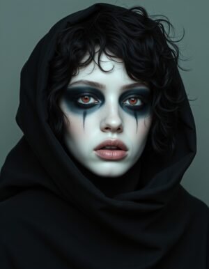 A figure draped in dark fabric with striking black and deep orange makeup, glowing eyes, and a haunting expression, exploring the themes of vulnerability and the complexities of identity through contrast and emotion.