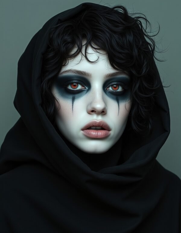 A figure draped in dark fabric with striking black and deep orange makeup, glowing eyes, and a haunting expression, exploring the themes of vulnerability and the complexities of identity through contrast and emotion.