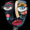 Abstract portrait with bold blues, reds, and skin tones, exaggerated features, and playful shapes on a black background.