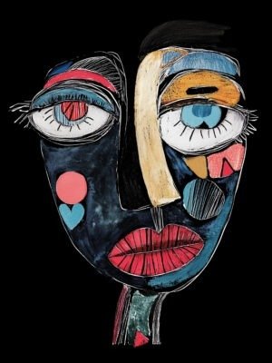 Abstract portrait with bold blues, reds, and skin tones, exaggerated features, and playful shapes on a black background.