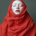 A figure wrapped in coral fabric with a serene expression, creating a harmonious balance of abstraction and realism, focusing on the fabric's textures and the softness of the face.