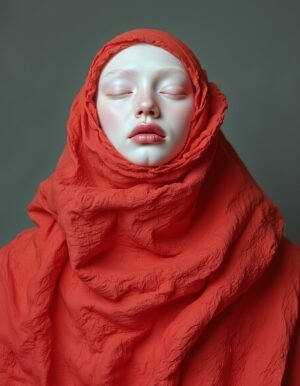 A figure wrapped in coral fabric with a serene expression, creating a harmonious balance of abstraction and realism, focusing on the fabric's textures and the softness of the face.