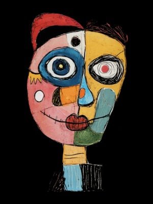 Abstract portrait with exaggerated features in vibrant pink, blue, yellow, green, and red, set against a black background.