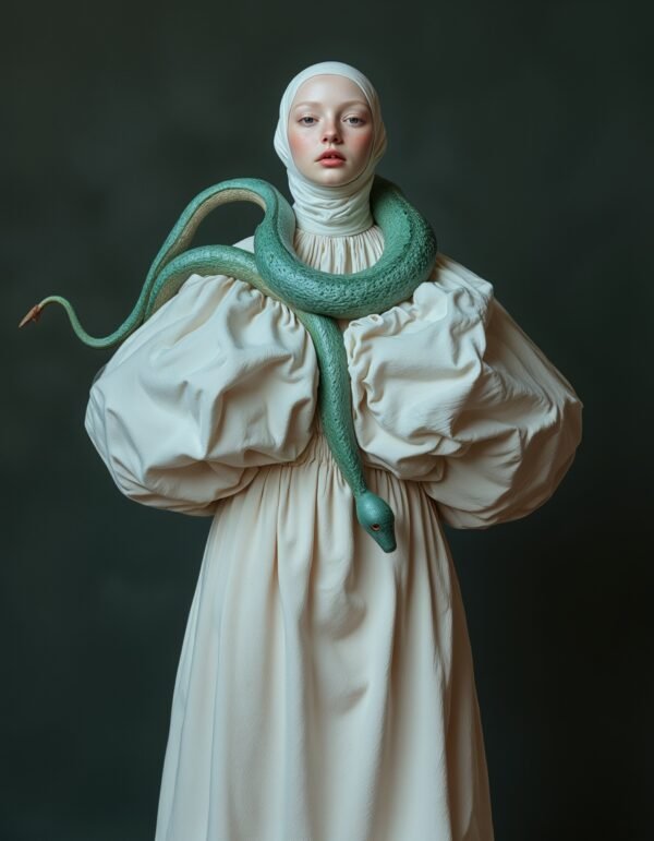 A figure in a voluminous white garment with a green snake coiling around her, symbolizing transformation and the balance between beauty and danger, set against a muted background.