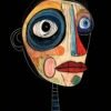 Abstract portrait with deep blues, reds, and beige tones, featuring oversized eyes and a prominent mouth, on a black background.