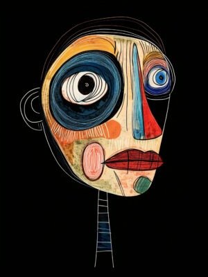 Abstract portrait with deep blues, reds, and beige tones, featuring oversized eyes and a prominent mouth, on a black background.