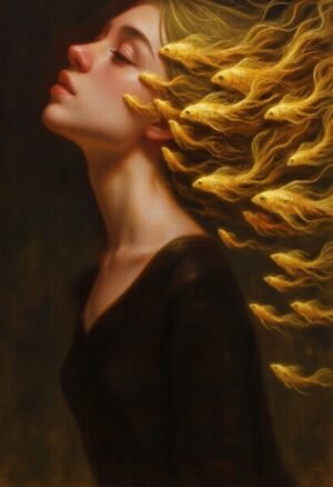 A peaceful profile of a figure with golden fish flowing from her hair, set against soft warm tones, symbolizing the connection between the conscious and subconscious mind.