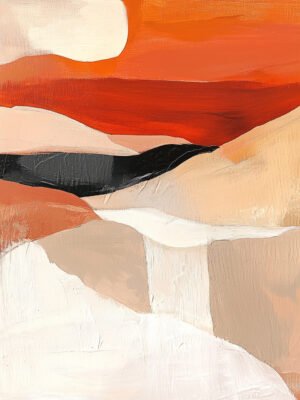 Abstract landscape in soft oranges and creams with gentle brushstrokes and a black line, evoking tranquility.