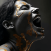 A striking portrait of a figure with gold accents on their face, embodying intense emotion and vulnerability, set against a deep black background.