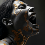 A striking portrait of a figure with gold accents on their face, embodying intense emotion and vulnerability, set against a deep black background.