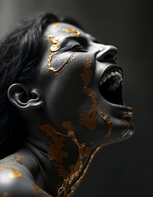 A striking portrait of a figure with gold accents on their face, embodying intense emotion and vulnerability, set against a deep black background.