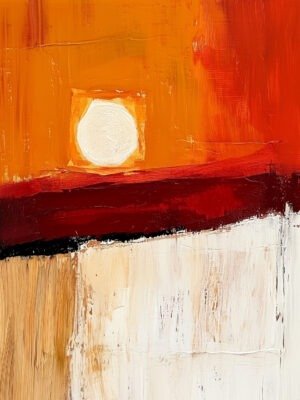 Abstract sunset with bold oranges, reds, and a circular sun, set against a serene landscape.
