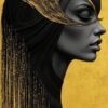 A serene portrait of a figure in black attire with delicate gold accents, set against a golden background, exuding elegance and tranquility.