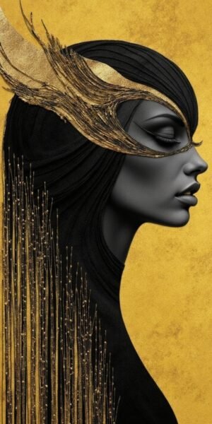 A serene portrait of a figure in black attire with delicate gold accents, set against a golden background, exuding elegance and tranquility.