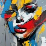 Abstract portrait with expressive brushwork and vivid colors of black, red, blue, and yellow, showcasing exaggerated features.
