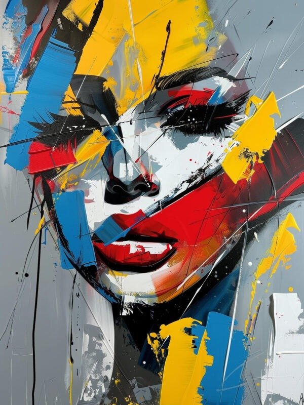 Abstract portrait with expressive brushwork and vivid colors of black, red, blue, and yellow, showcasing exaggerated features.
