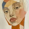 Abstract portrait featuring fragmented shapes, warm tones, and mixed media textures, with a contemplative expression.