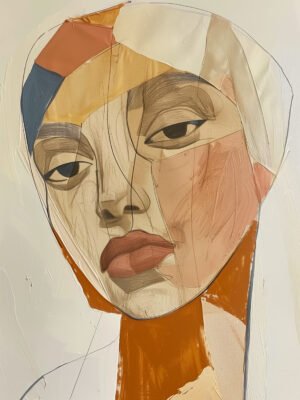 Abstract portrait featuring fragmented shapes, warm tones, and mixed media textures, with a contemplative expression.
