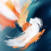 Vibrant abstract painting showcasing sweeping brushstrokes in deep blues, oranges, and whites, symbolizing the movement and energy of ocean waves or wind.